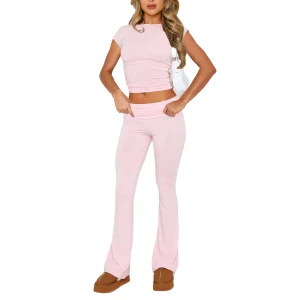 2 Piece Casual Outfit Short Sleeve Crop Top Skinny Pants