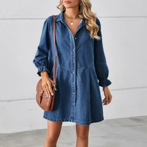 Vintage Women Denim Sleeve Button Up Casual Midi Dress