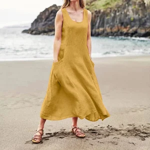 Casual  Sleeveless Cotton Linen Pocket Dress