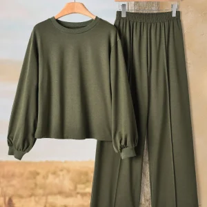 Casual Two Piece Set Long Sleeve Top & Wide Leg Pants