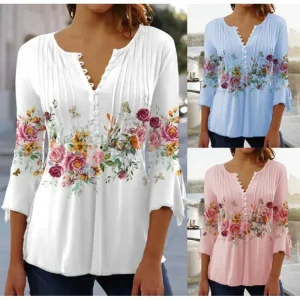 Floral Print V Neck Short Sleeve  Blouse