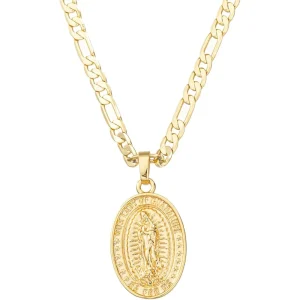 Virgin Mary Pendant Necklace for Women  Flat Figaro Chain