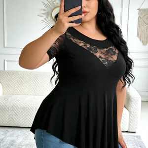 Lace Panel Tunic Short Sleeve   Blouse