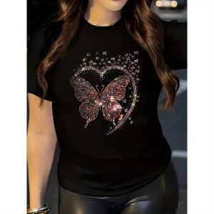 Butterfly Heart Print  T-Shirt  Crew Neck, Short Sleeve